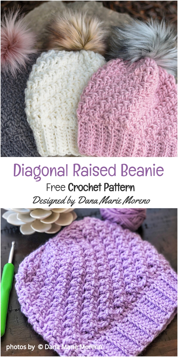 Diagonal Raised Beanie Free Crochet Pattern Idea